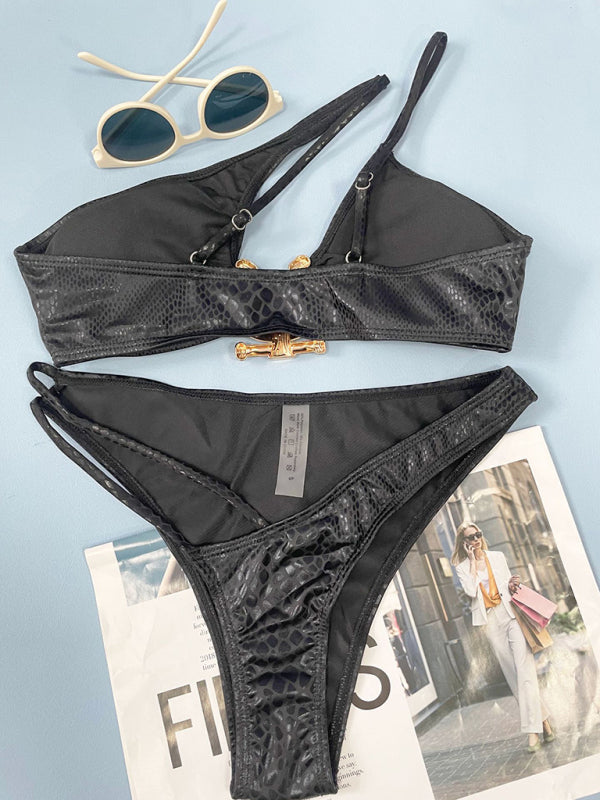 Cutout Strappy Black Bikini Set – Sleek Shoulder Design for Summer