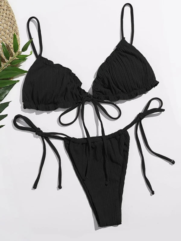 Knitted Tie-Front Bikini Set – Sexy Strappy Design, Slightly Stretchy Fit