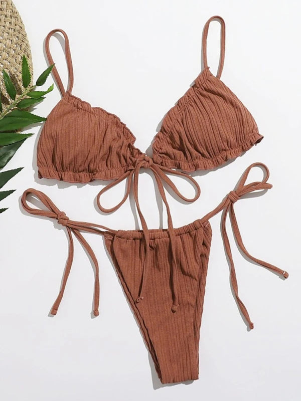 Knitted Tie-Front Bikini Set – Sexy Strappy Design, Slightly Stretchy Fit