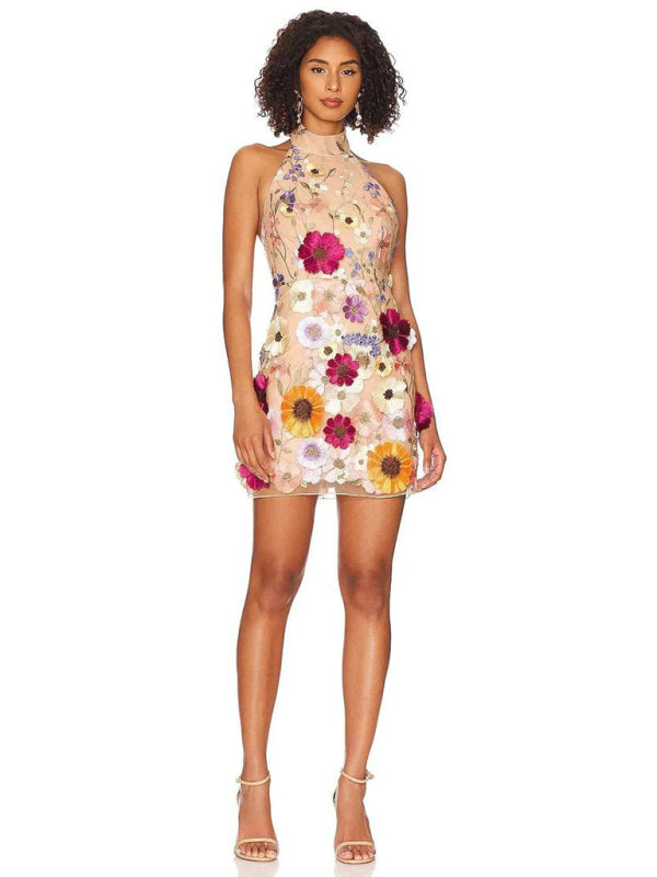 Embroidered Floral Halter Mini Dress