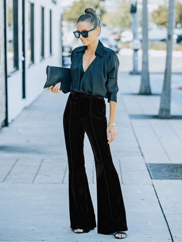 Gold Velvet High Waist Flared Pants