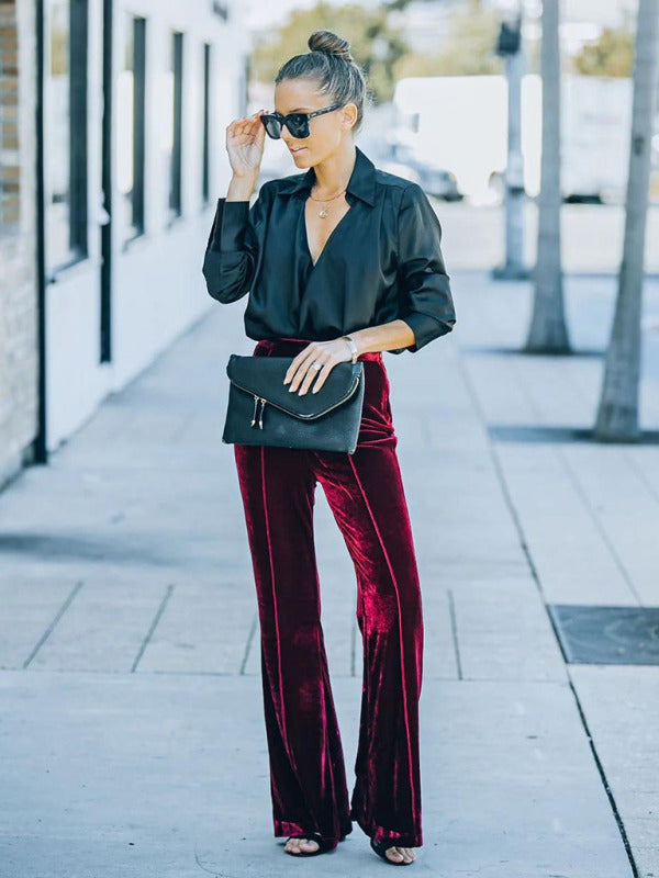 Gold Velvet High Waist Flared Pants