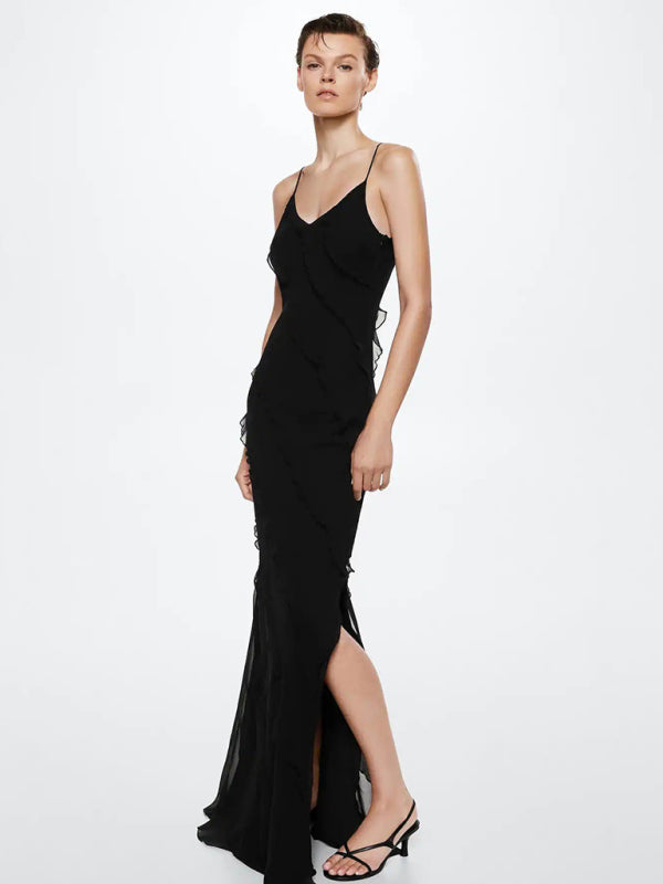 Romantic Knit Backless Maxi Dress – Ruffled Slit & Slight Stretch