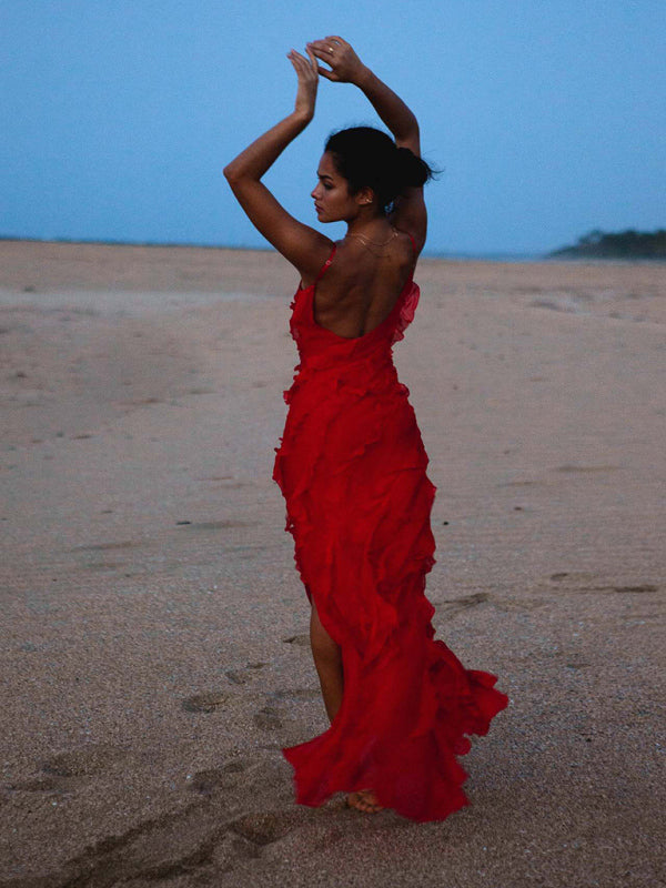 Romantic Knit Backless Maxi Dress – Ruffled Slit & Slight Stretch