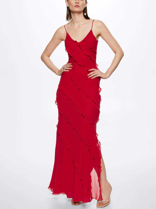 Romantic Knit Backless Maxi Dress – Ruffled Slit & Slight Stretch