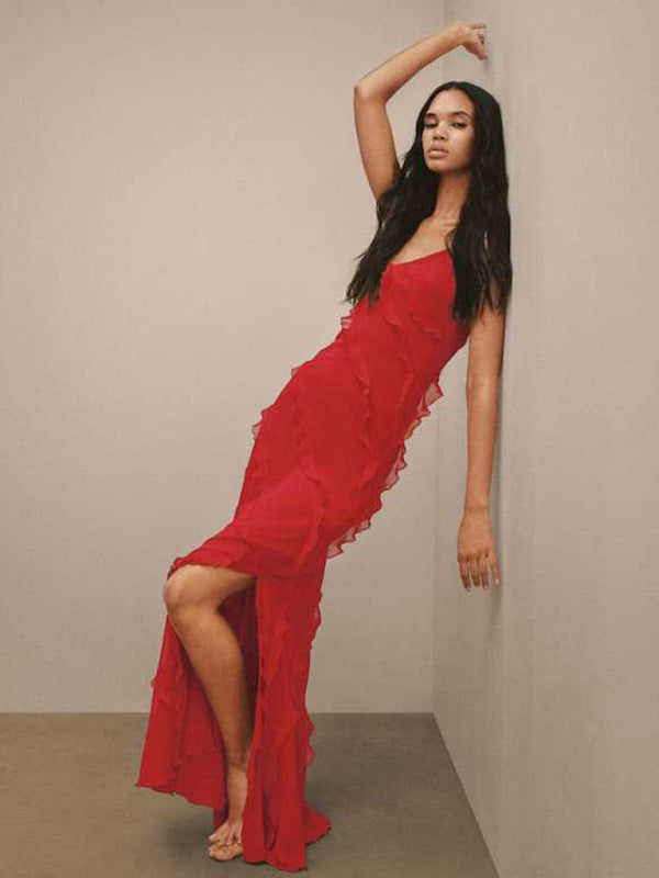 Romantic Knit Backless Maxi Dress – Ruffled Slit & Slight Stretch