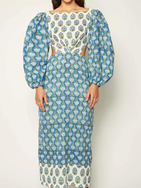 Floral Lantern Sleeve Backless Dress – Spring Knit Style in Red or Blue