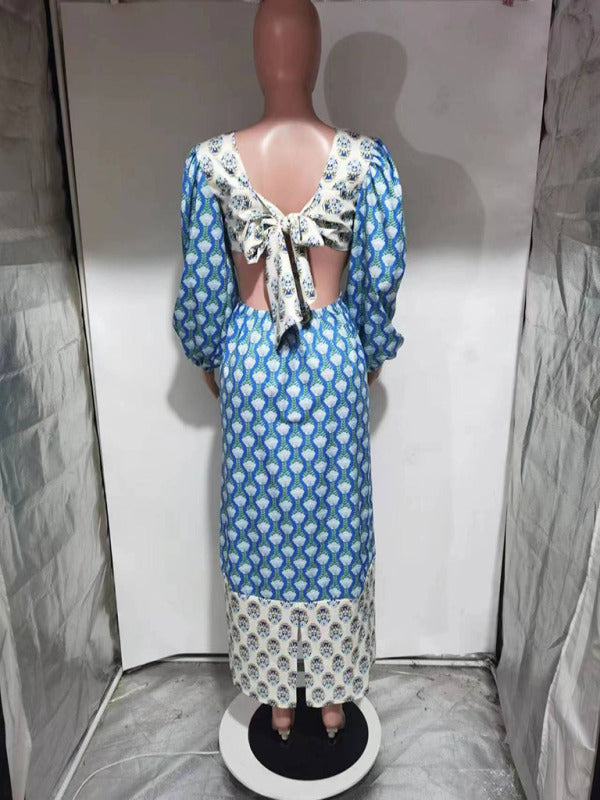 Floral Lantern Sleeve Backless Dress – Spring Knit Style in Red or Blue
