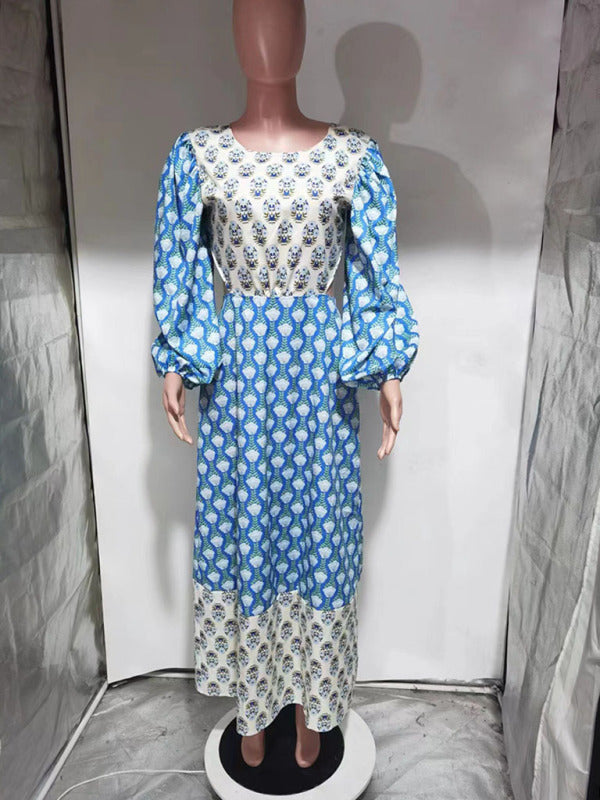 Floral Lantern Sleeve Backless Dress – Spring Knit Style in Red or Blue