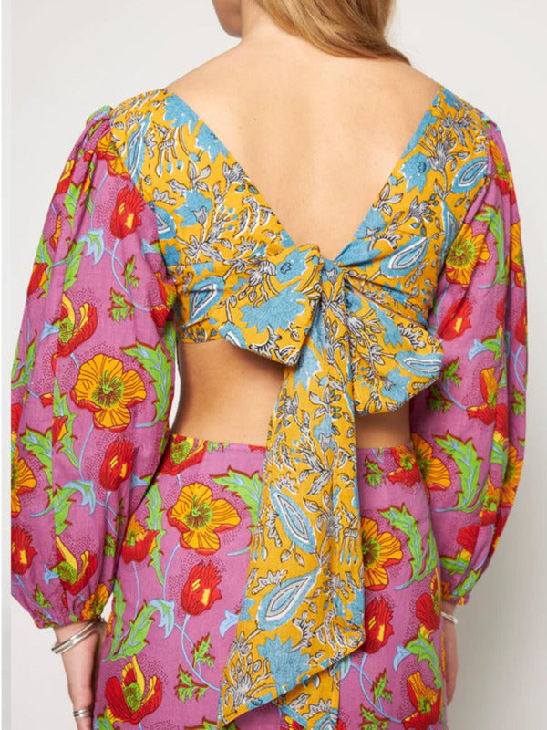 Floral Lantern Sleeve Backless Dress – Spring Knit Style in Red or Blue