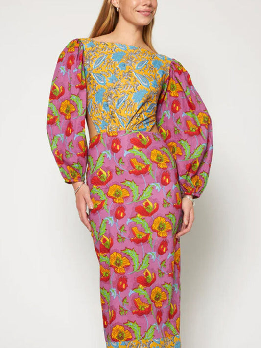 Floral Lantern Sleeve Backless Dress – Spring Knit Style in Red or Blue