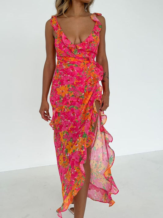 Floral Ruffle V-Neck Maxi Dress – Backless Slit Boho Gown for Summer