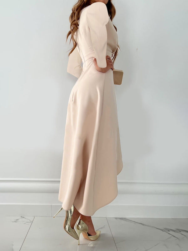 Long Sleeve V-Neck Slit Midi Dress – Gathered Hem, Comfortable Fit