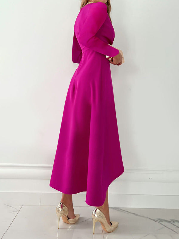 Long Sleeve V-Neck Slit Midi Dress – Gathered Hem, Comfortable Fit