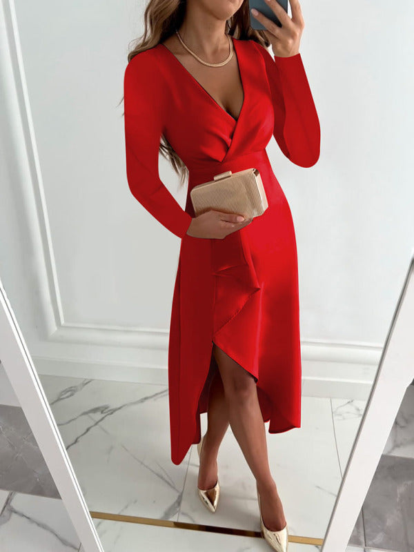 Long Sleeve V-Neck Slit Midi Dress – Gathered Hem, Comfortable Fit