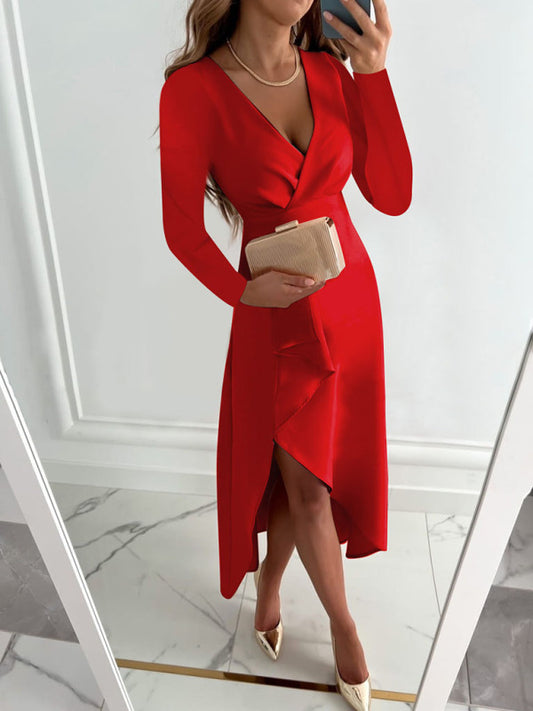 Long Sleeve V-Neck Slit Midi Dress – Gathered Hem, Comfortable Fit