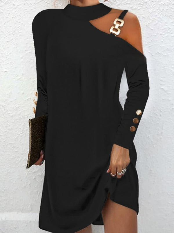 Elegant Metal Buckle Halter Dress – Sleeveless Button Detail, Spring-Summer Style