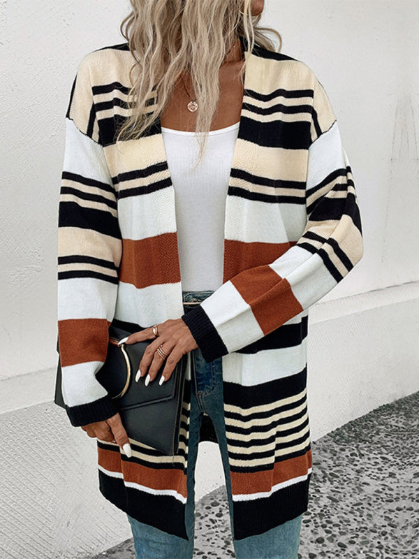 Color Block Knit Long Cardigan Khaki