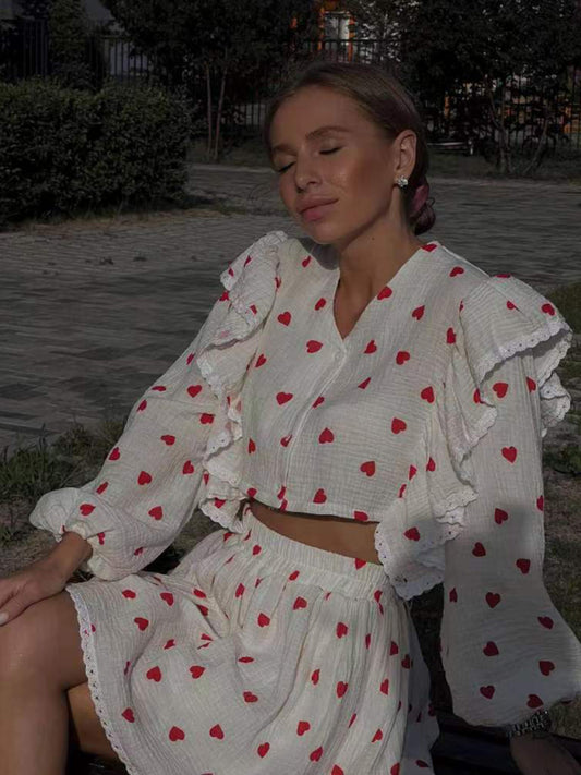 Ruffled Strawberry Print Skirt Loungewear Set – Cotton-Linen Romantic Homewear