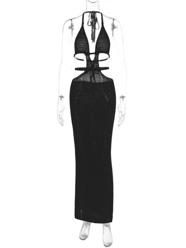 Sexy Halter Neck Lace-Up Midi Dress – Hollow Out Splicing, Slim Fit