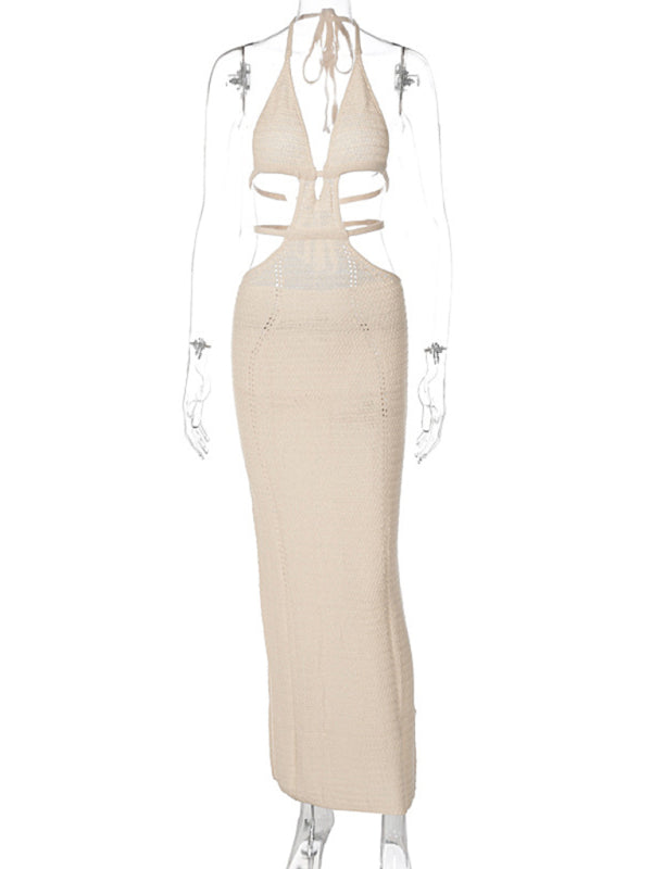 Sexy Halter Neck Lace-Up Midi Dress – Hollow Out Splicing, Slim Fit