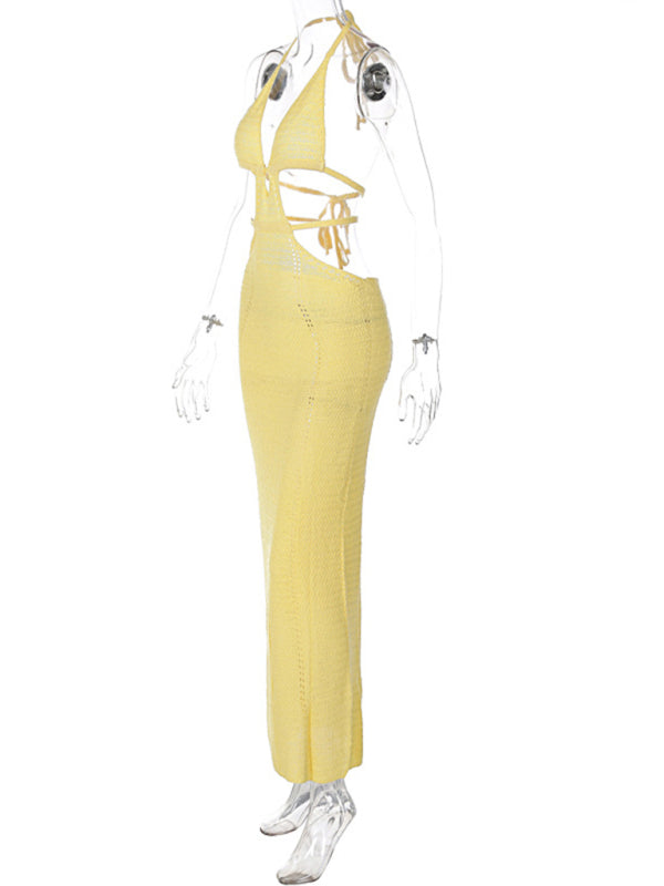 Sexy Halter Neck Lace-Up Midi Dress – Hollow Out Splicing, Slim Fit