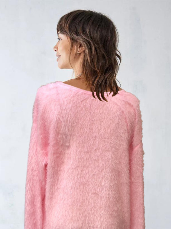 Cozy Plush Mid-Length Dress – Long Sleeve Round Neck for Autumn & Winter