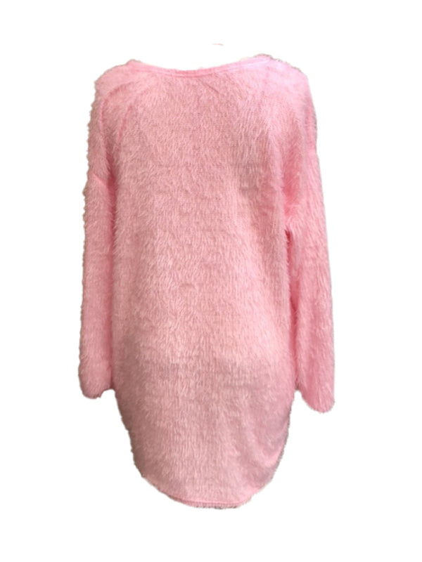 Cozy Plush Mid-Length Dress – Long Sleeve Round Neck for Autumn & Winter