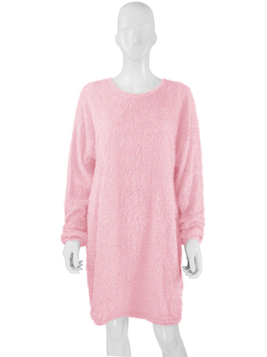 Cozy Plush Mid-Length Dress – Long Sleeve Round Neck for Autumn & Winter