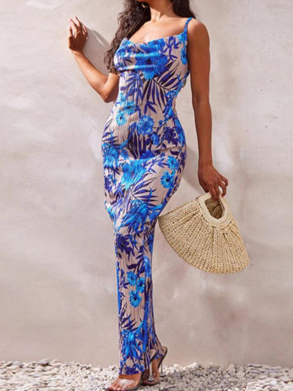 Printed Pleated Slim Suspender Maxi Dress – Spring-Summer Woven Style