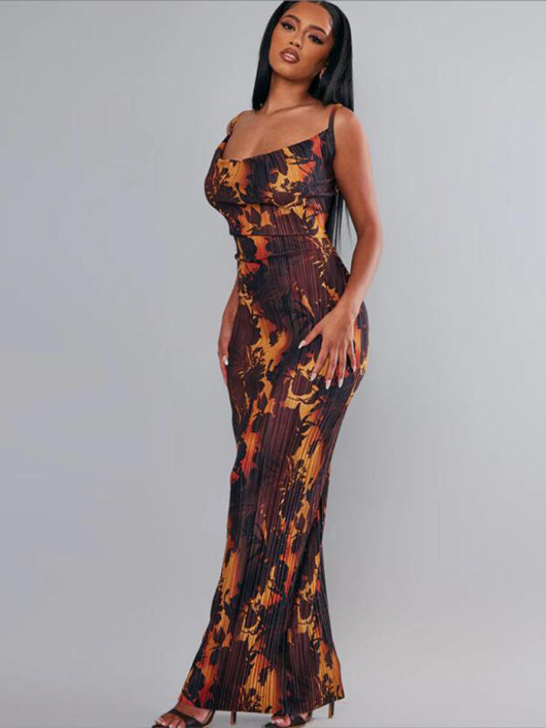 Printed Pleated Slim Suspender Maxi Dress – Spring-Summer Woven Style