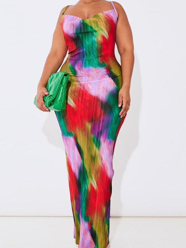 Printed Pleated Slim Suspender Maxi Dress – Spring-Summer Woven Style