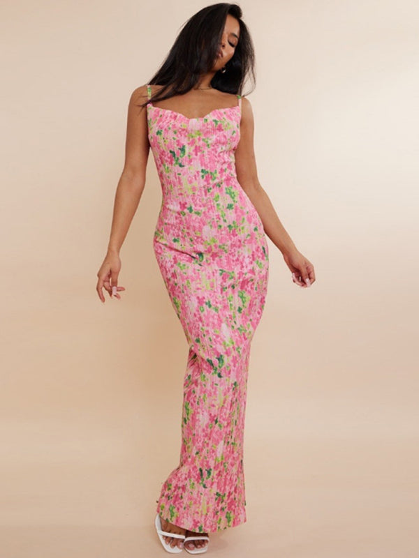 Printed Pleated Slim Suspender Maxi Dress – Spring-Summer Woven Style