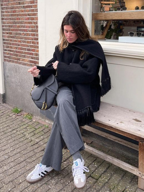 Пальто с бахромой из шерстяной смеси с шарфом – осень/зима