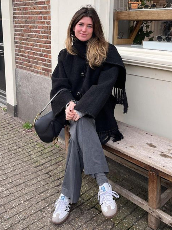 Пальто с бахромой из шерстяной смеси с шарфом – осень/зима