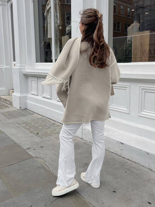 Пальто с бахромой из шерстяной смеси с шарфом – осень/зима