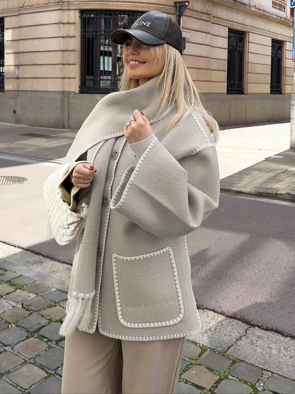 Пальто с бахромой из шерстяной смеси с шарфом – осень/зима