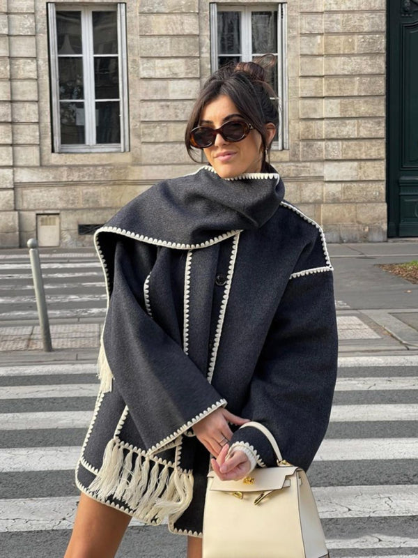 Пальто с бахромой из шерстяной смеси с шарфом – осень/зима