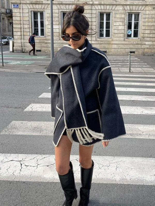 Пальто с бахромой из шерстяной смеси с шарфом – осень/зима