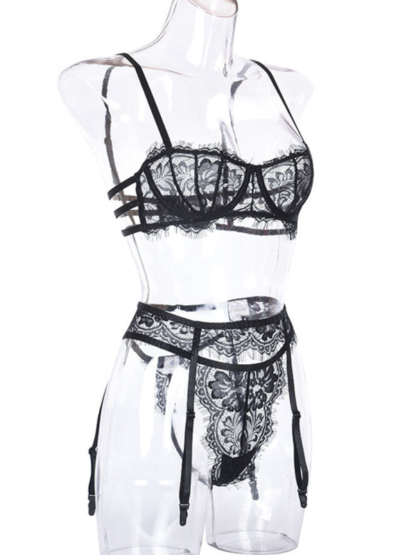 Sexy Hollow Suspender Lingerie 3-Piece Set – High Stretch, Sultry Look
