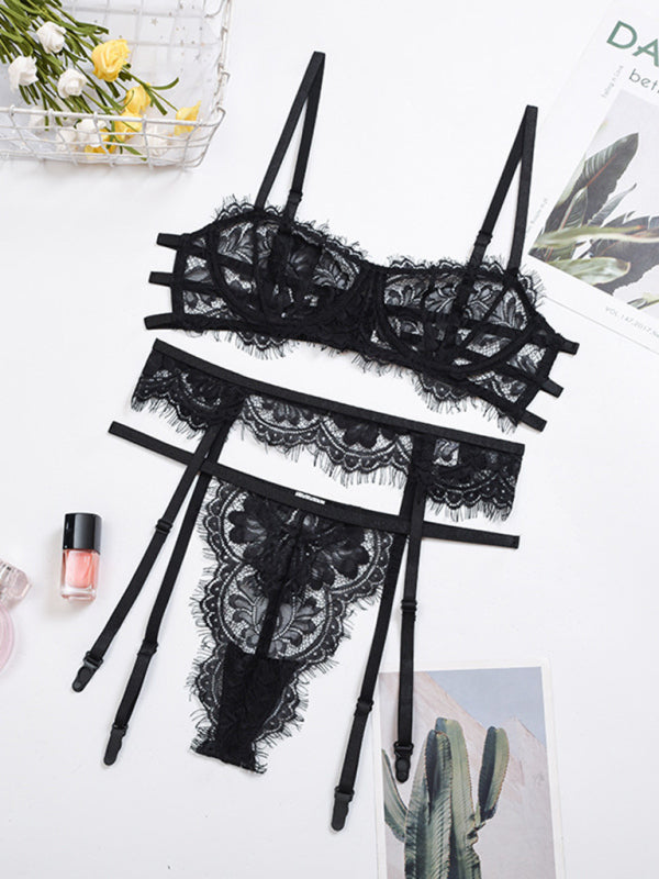 Sexy Hollow Suspender Lingerie 3-Piece Set – High Stretch, Sultry Look