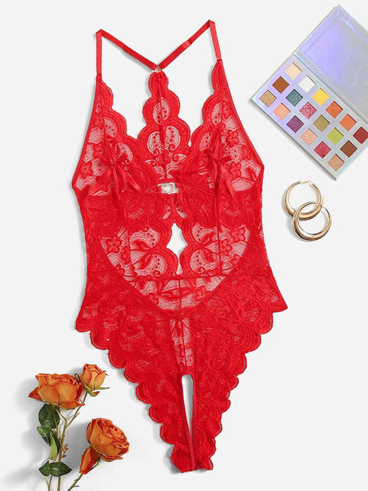 Sexy Lace Sheer Crotchless One-Piece Lingerie – Spandex Blend