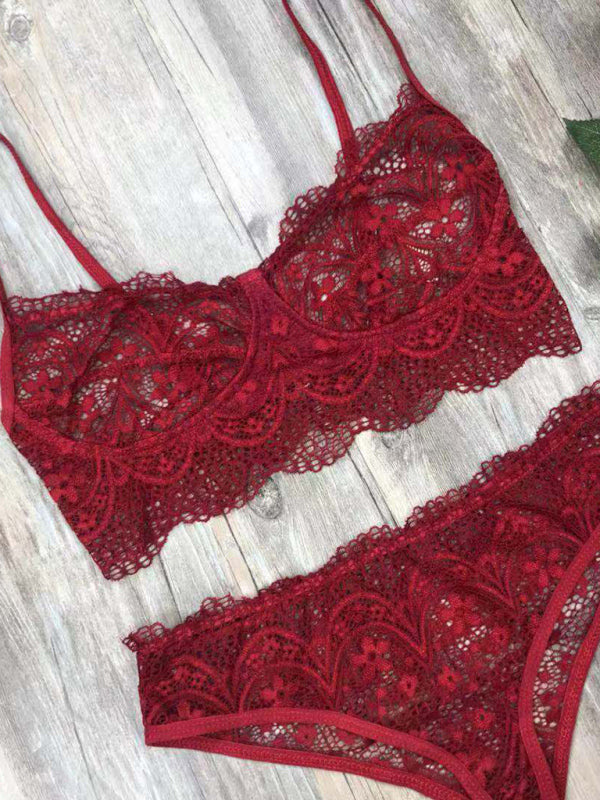Solid Color Eyelash Lace Lingerie Set – Sexy Two-Piece Underwear Set