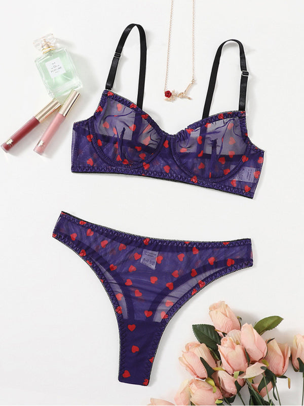 Heart Mesh Lingerie Set – Sheer Bra & Panty with Stretch Fit