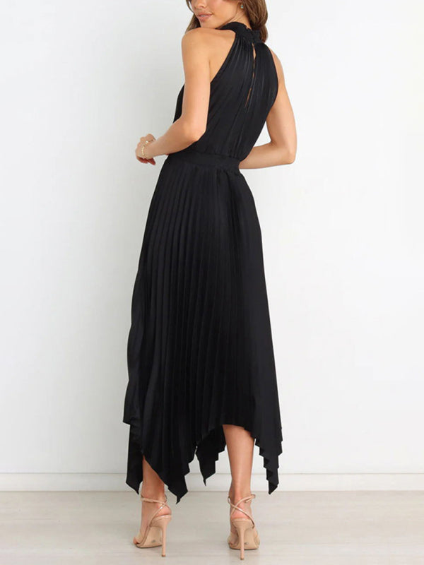 Sleeveless Halterneck V-Neck Irregular Midi Dress – Graceful Solid Fold Detail