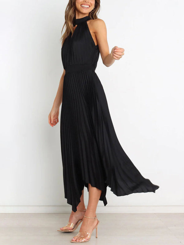 Sleeveless Halterneck V-Neck Irregular Midi Dress – Graceful Solid Fold Detail