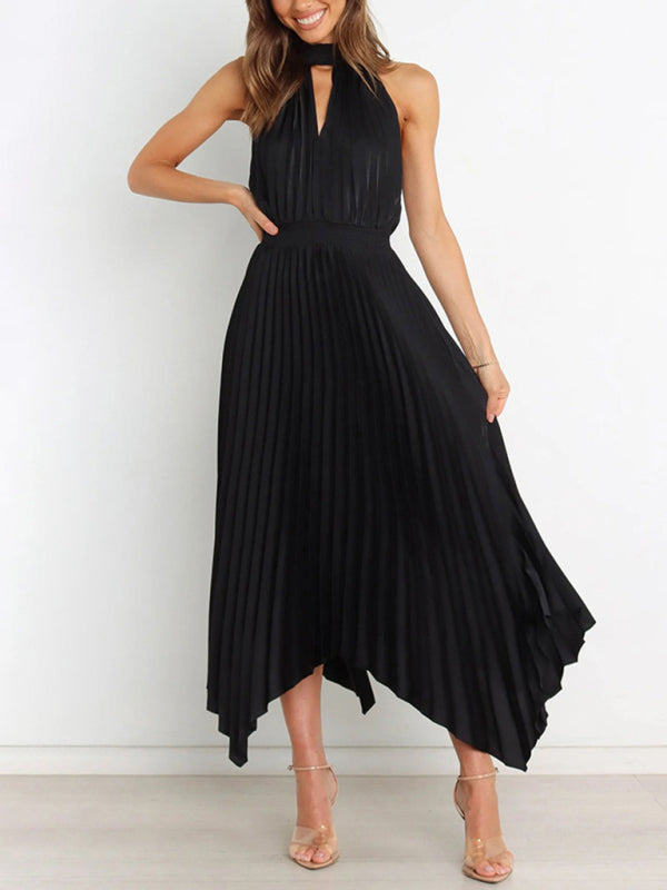 Sleeveless Halterneck V-Neck Irregular Midi Dress – Graceful Solid Fold Detail