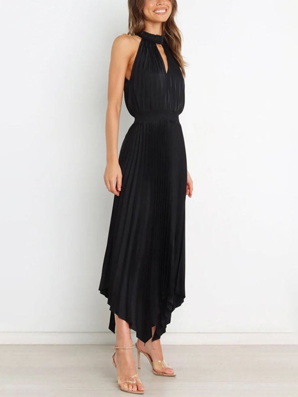 Sleeveless Halterneck V-Neck Irregular Midi Dress – Graceful Solid Fold Detail