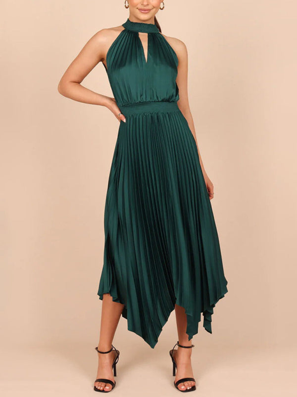 Sleeveless Halterneck V-Neck Irregular Midi Dress – Graceful Solid Fold Detail