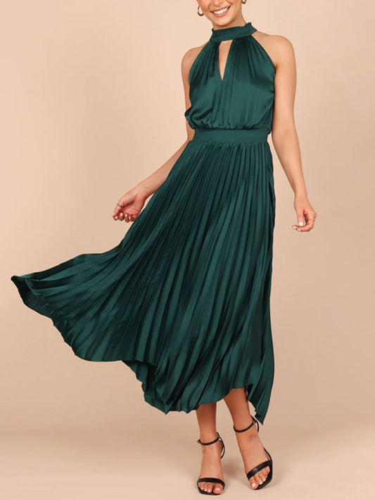 Sleeveless Halterneck V-Neck Irregular Midi Dress – Graceful Solid Fold Detail